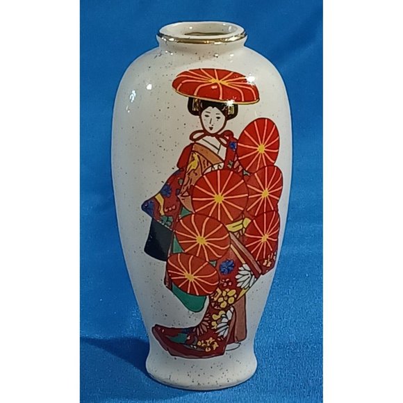 Rare 1970s OTAGIRI Vase Japanese Geisha Hat Dance 5.5" Bud Vase - Picture 8 of 9